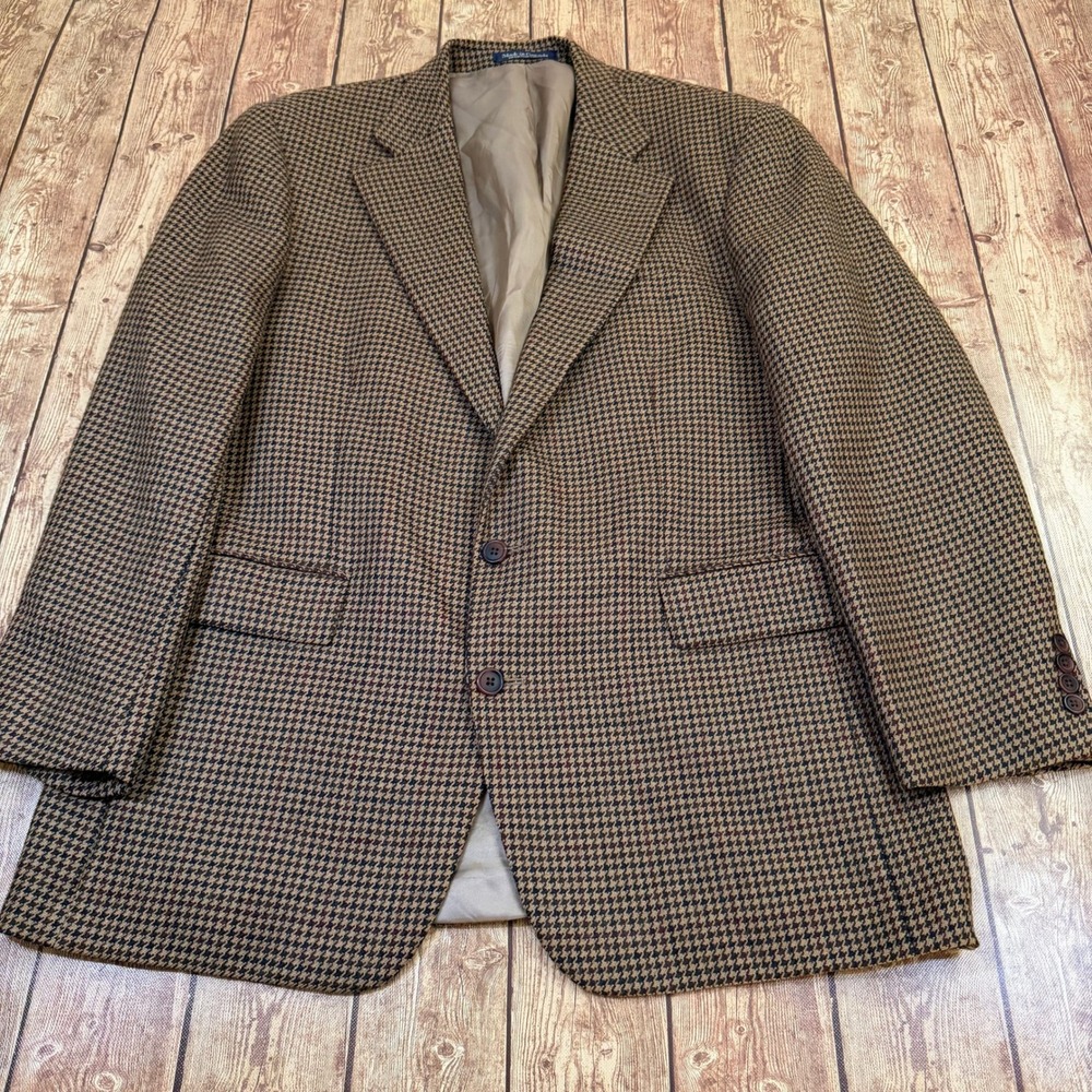 Chaps Ralph Lauren Sport Coat Mens 44 Tall Brown Houndstooth Wool Blazer